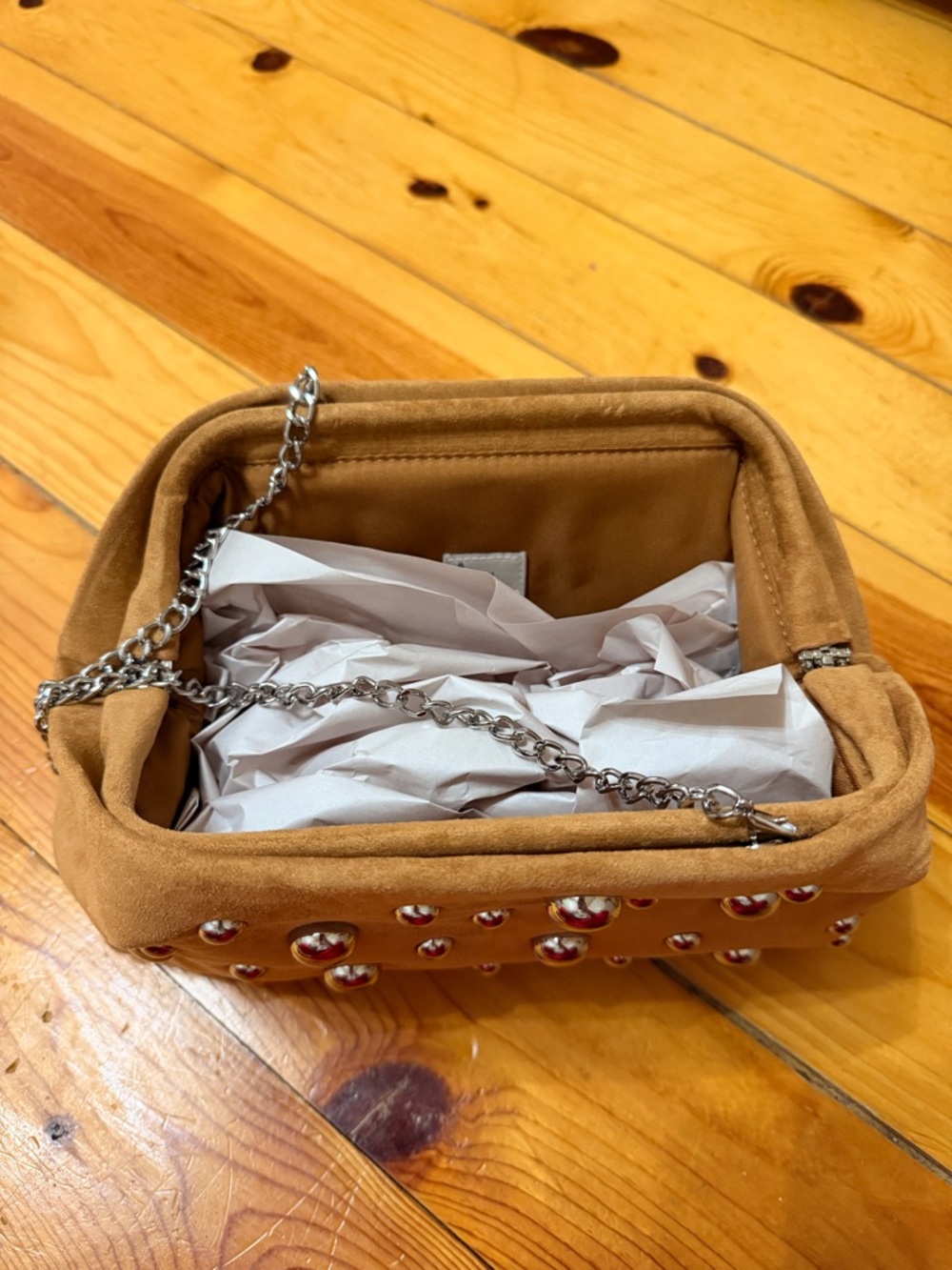 a new day Tan Suede Studded Crossbody Bag with Silver Chain